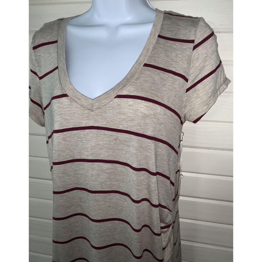NWT TIMING Sz LARGE V-Neck Top Khaki Oatmeal Burgundy Striped Ruched Rayon Knit